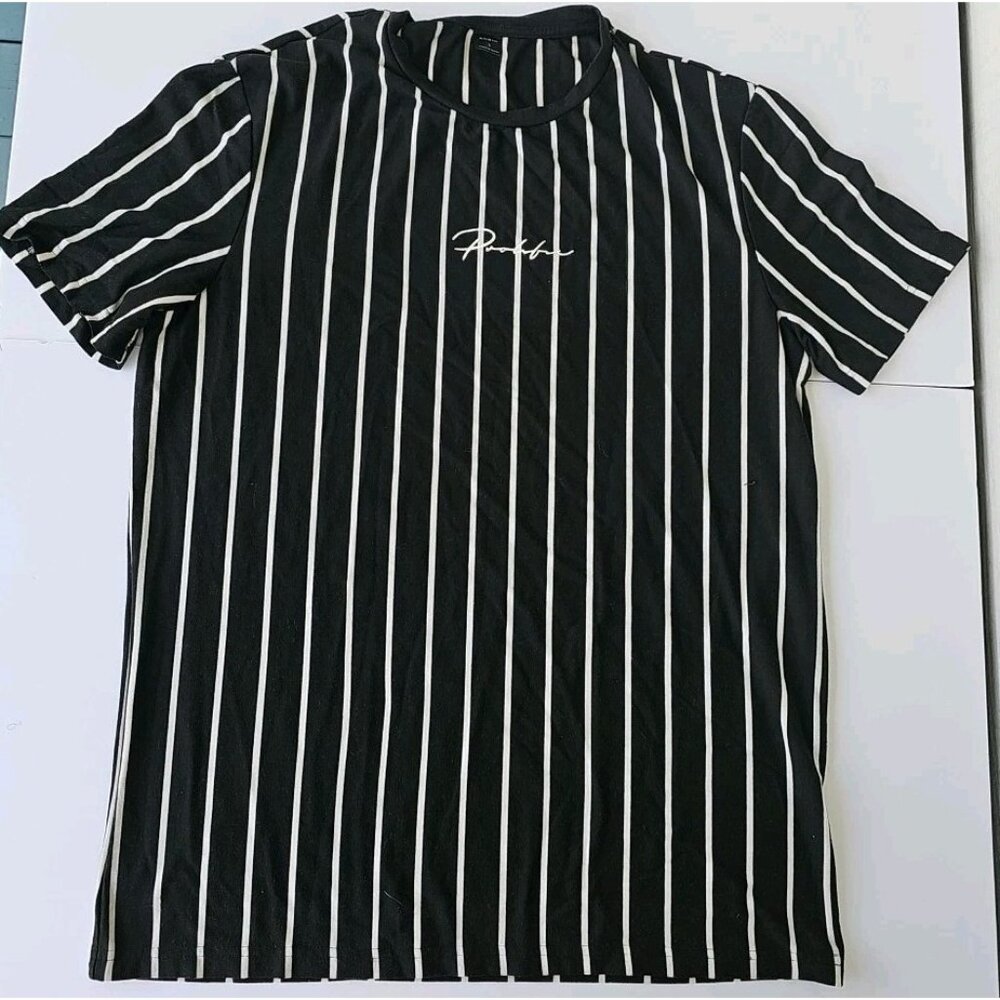 SHEIN Men's Black T-Shirt Striped (White Stripes) Short Sleeve Size L Small